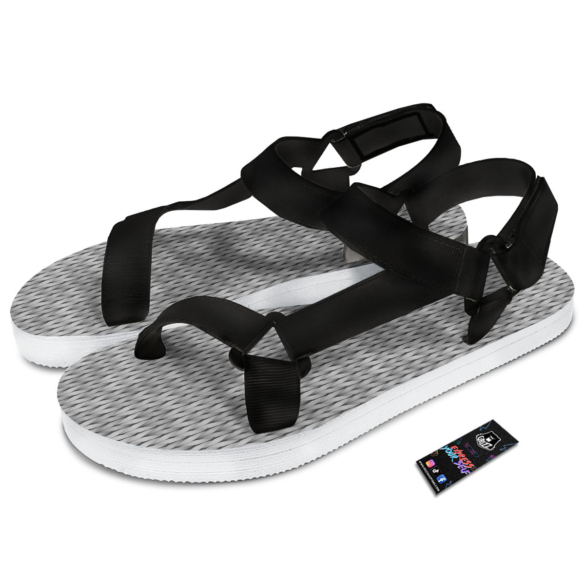 Knitted Grey Print Pattern Black Open Toe Sandals-grizzshop