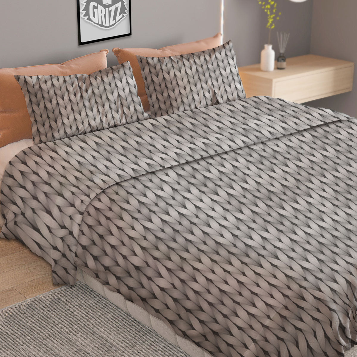 Knitted Grey Print Pattern Duvet Cover Bedding Set