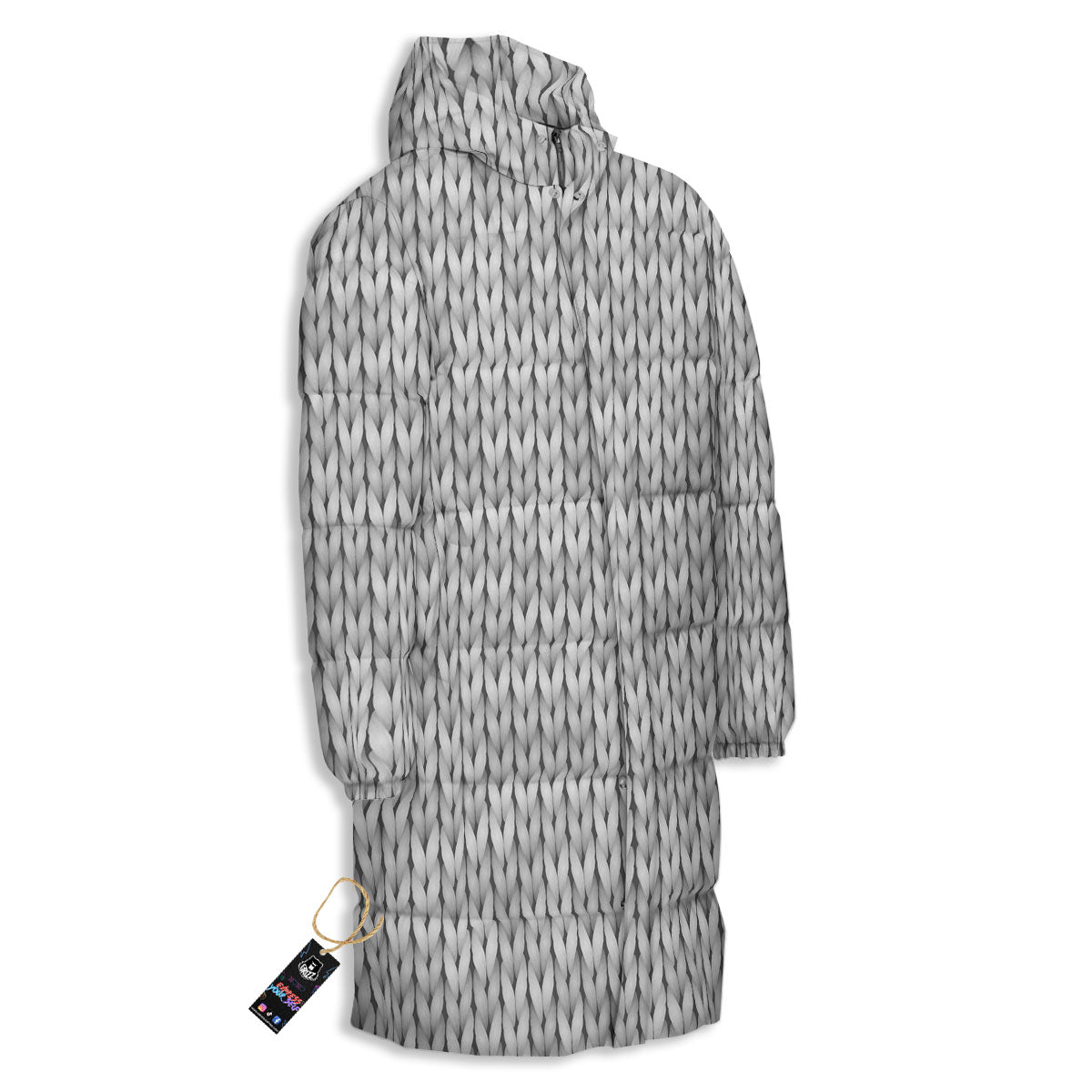 Knitted Grey Print Pattern Long Down Jacket-grizzshop