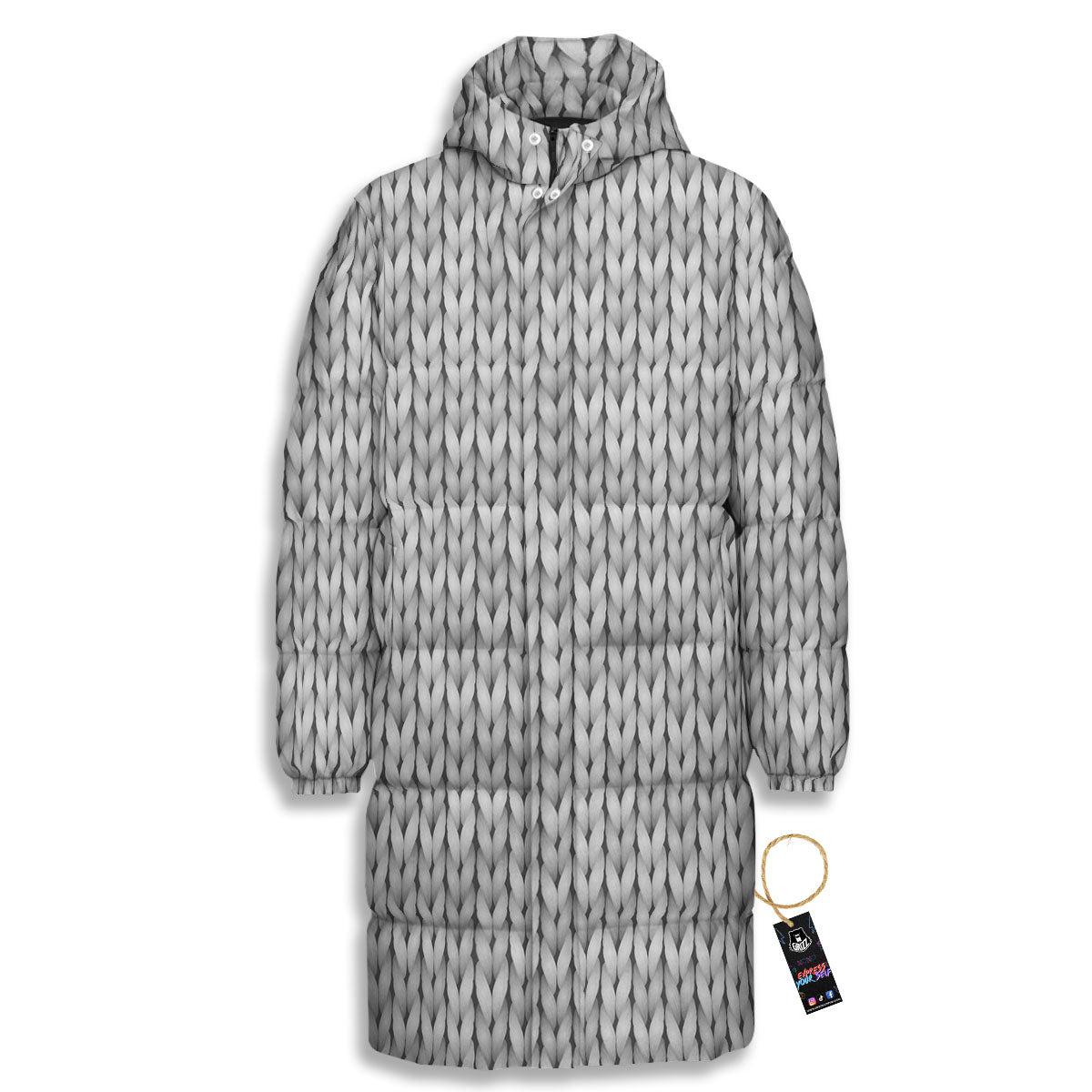 Knitted Grey Print Pattern Long Down Jacket-grizzshop
