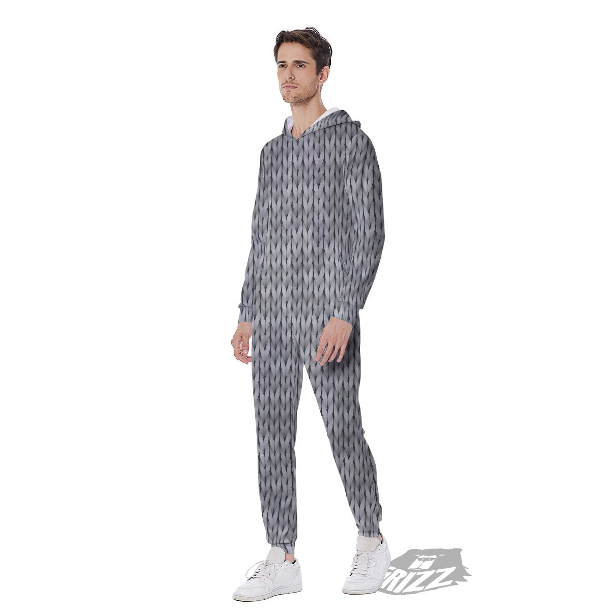 Knitted Grey Print Pattern Men's Jumpsuit-grizzshop