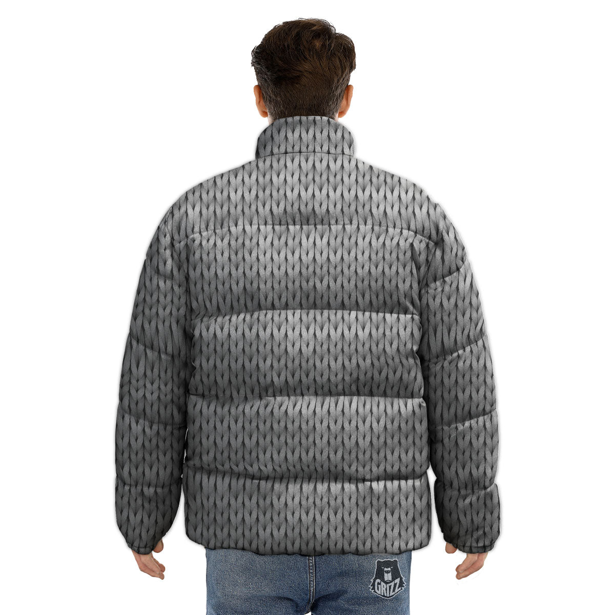 Knitted Grey Print Pattern Puffer Jacket-grizzshop