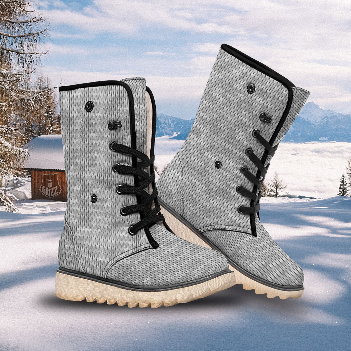 Knitted Grey Print Pattern Snow Boots-grizzshop