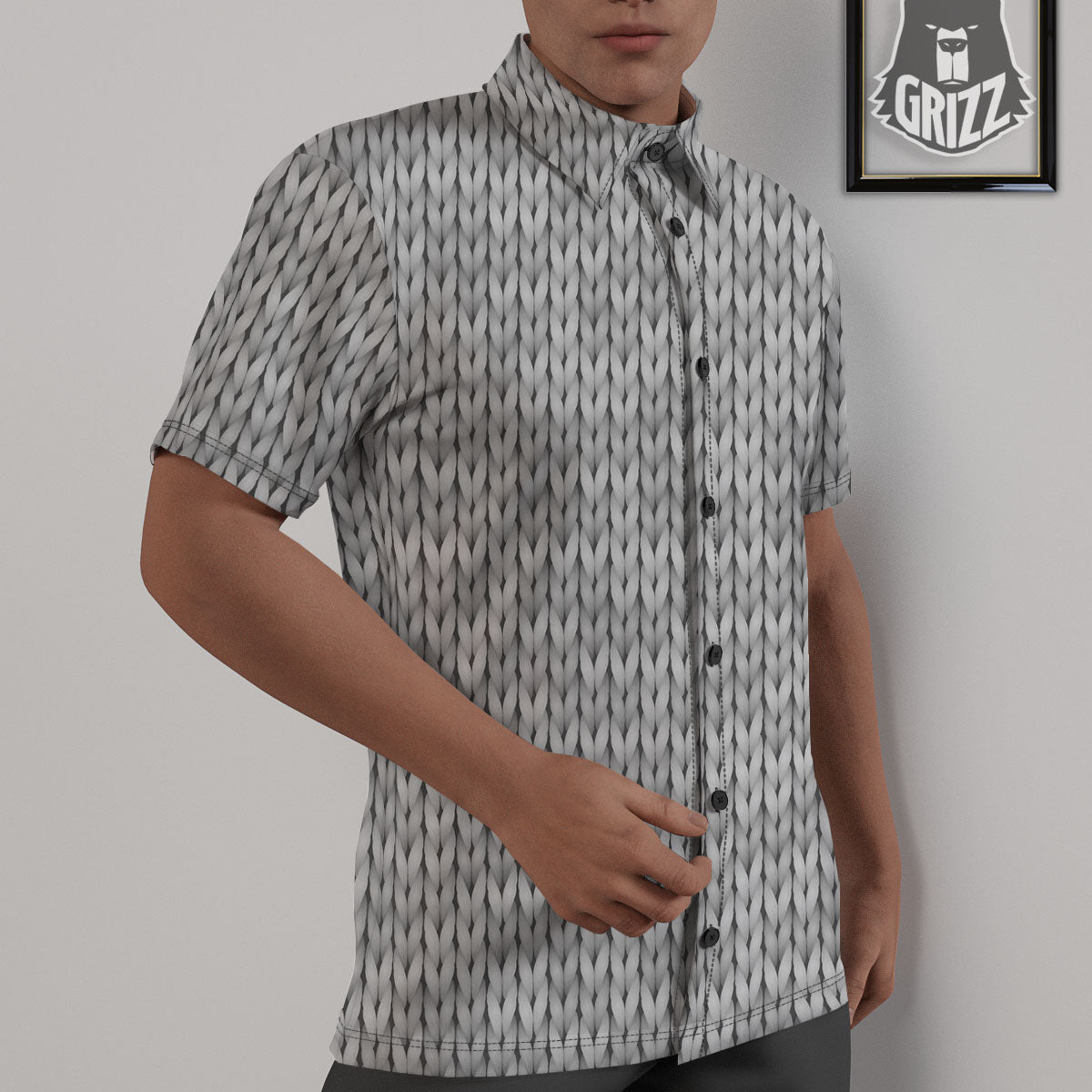 Knitted Grey Print Pattern Untucked Shirts-grizzshop