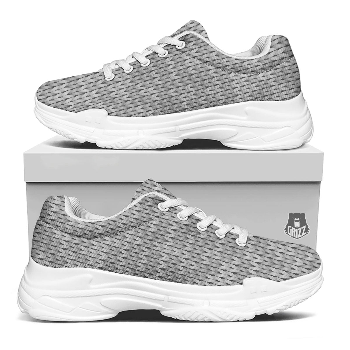 Knitted Grey Print Pattern White Chunky Shoes-grizzshop