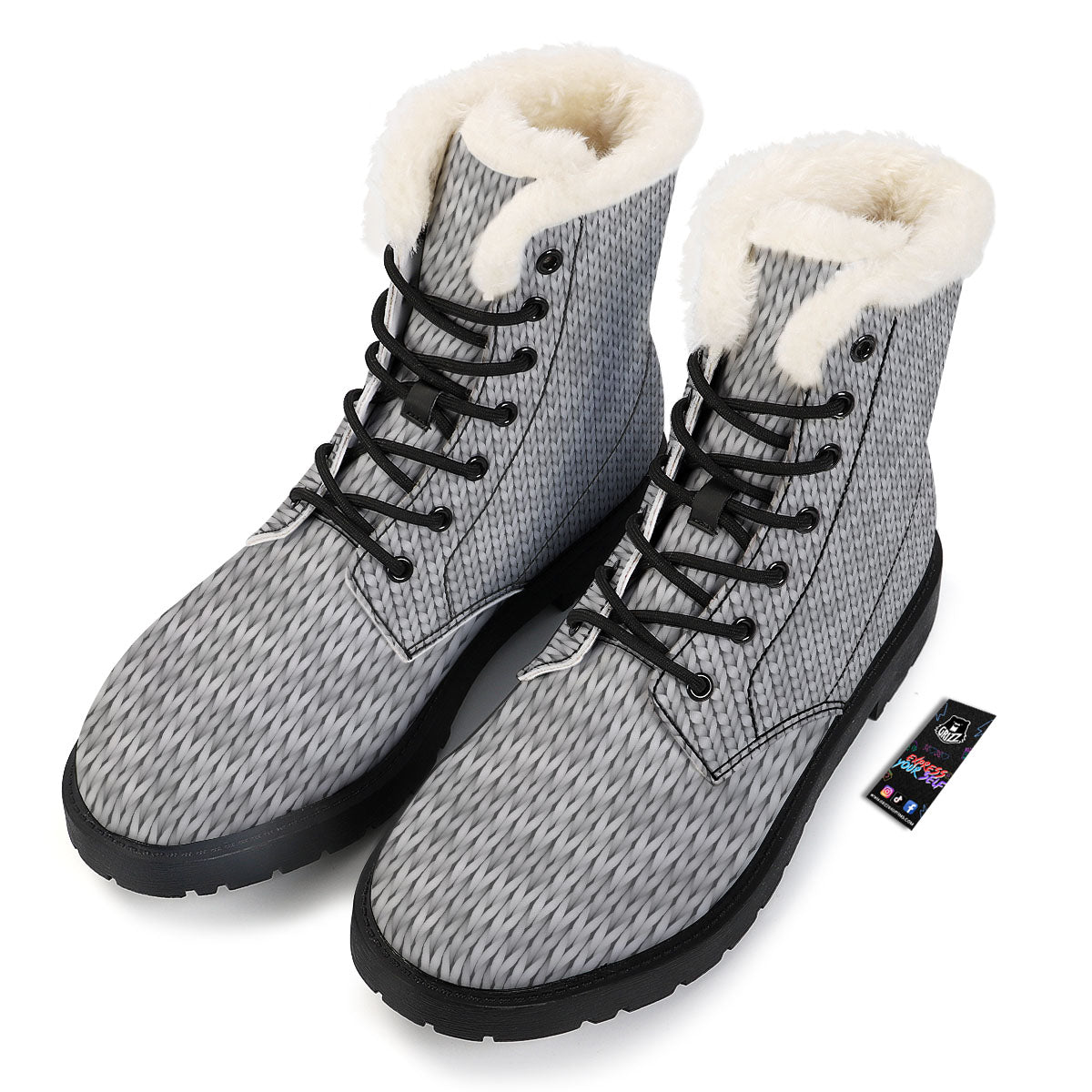 Knitted Grey Print Pattern Winter Boots-grizzshop