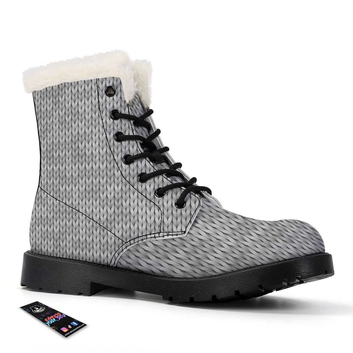Knitted Grey Print Pattern Winter Boots-grizzshop