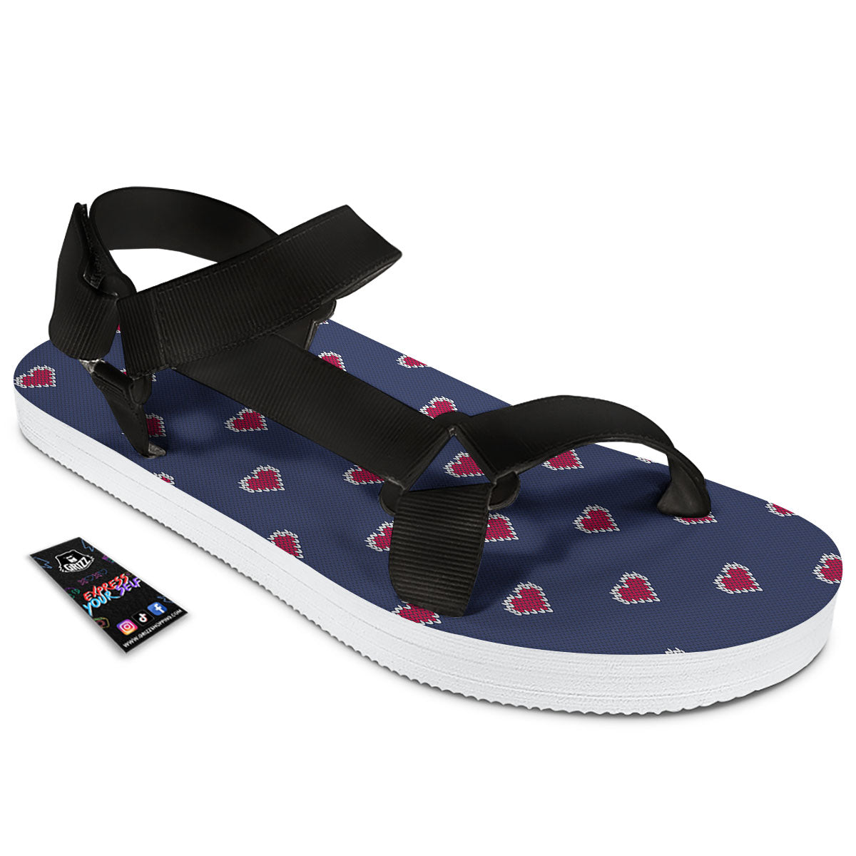 Knitted Heart Print Pattern Black Open Toe Sandals-grizzshop