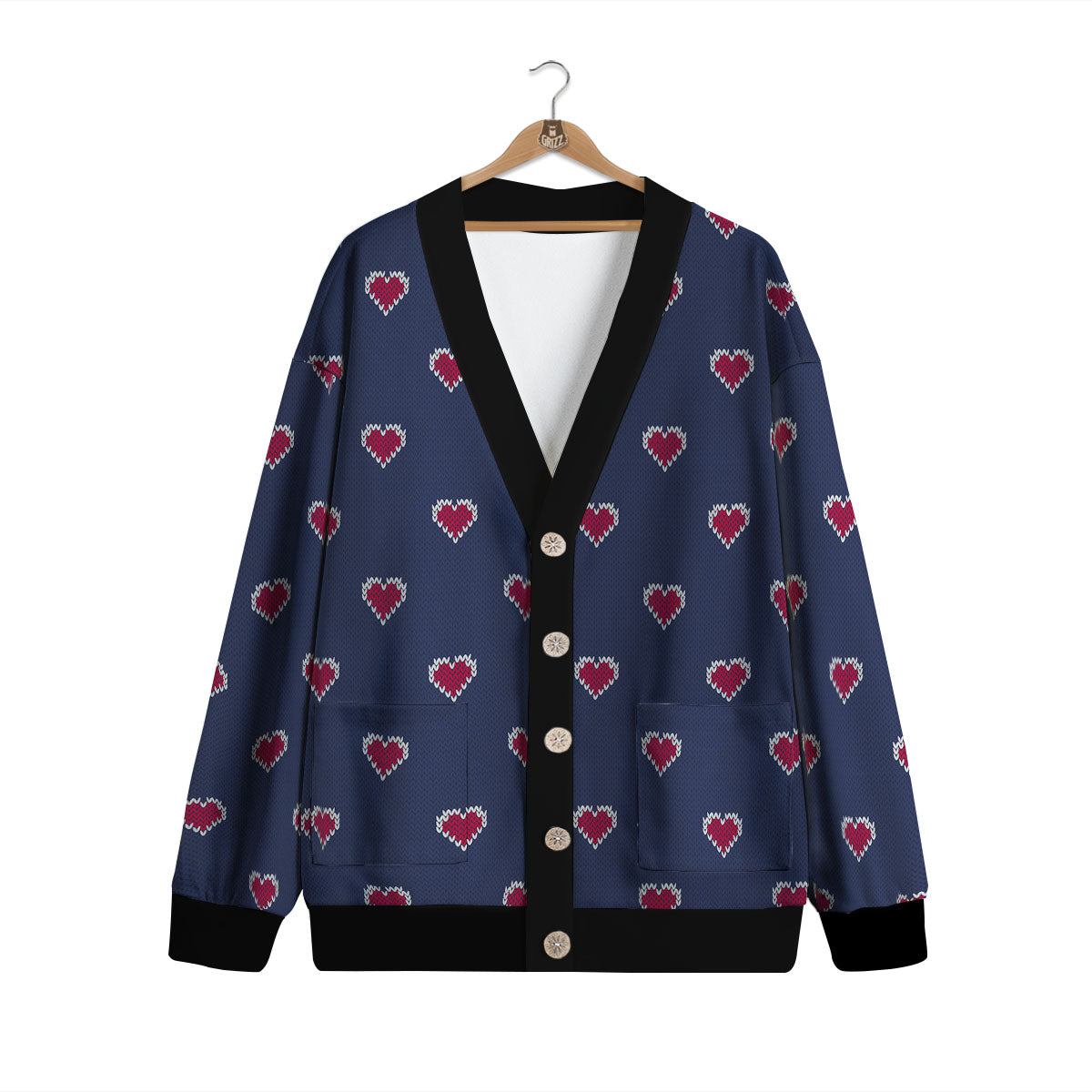 Knitted Heart Print Pattern Cardigan-grizzshop