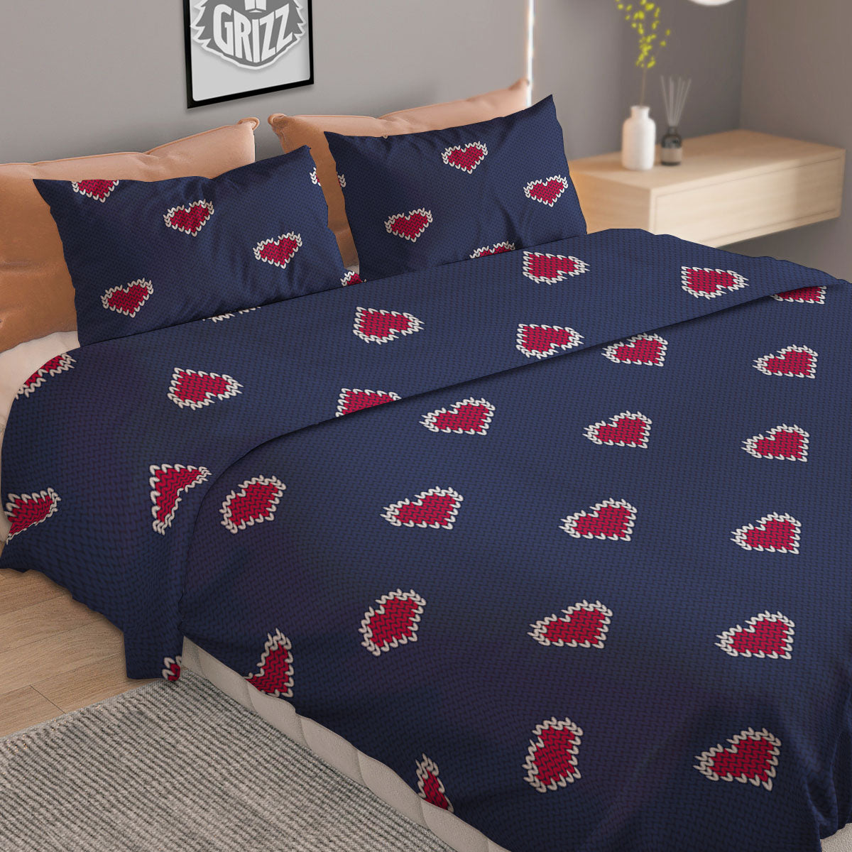Knitted Heart Print Pattern Duvet Cover Bedding Set