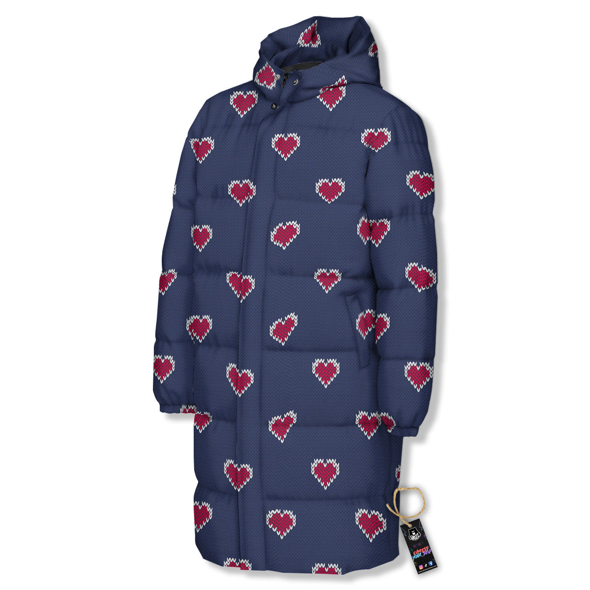 Knitted Heart Print Pattern Long Down Jacket-grizzshop