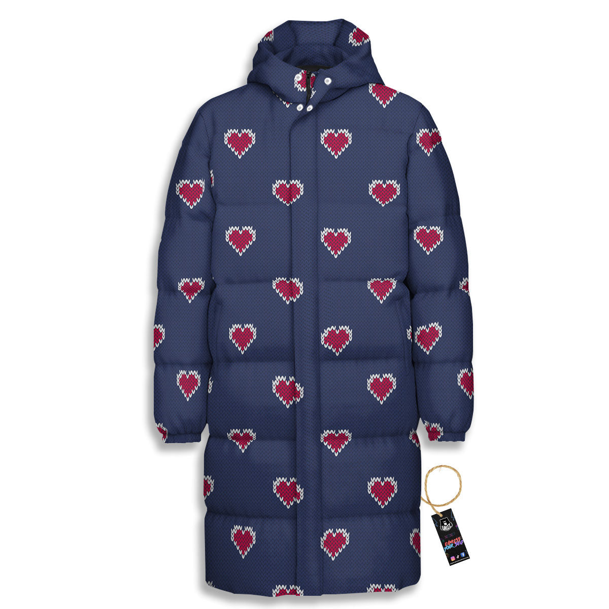 Knitted Heart Print Pattern Long Down Jacket-grizzshop