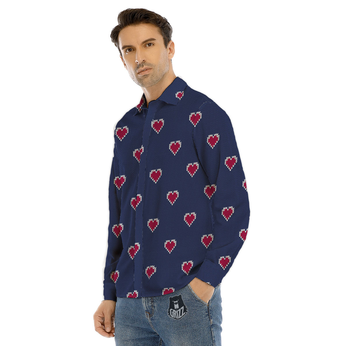 Knitted Heart Print Pattern Men's Dress Shirts-grizzshop