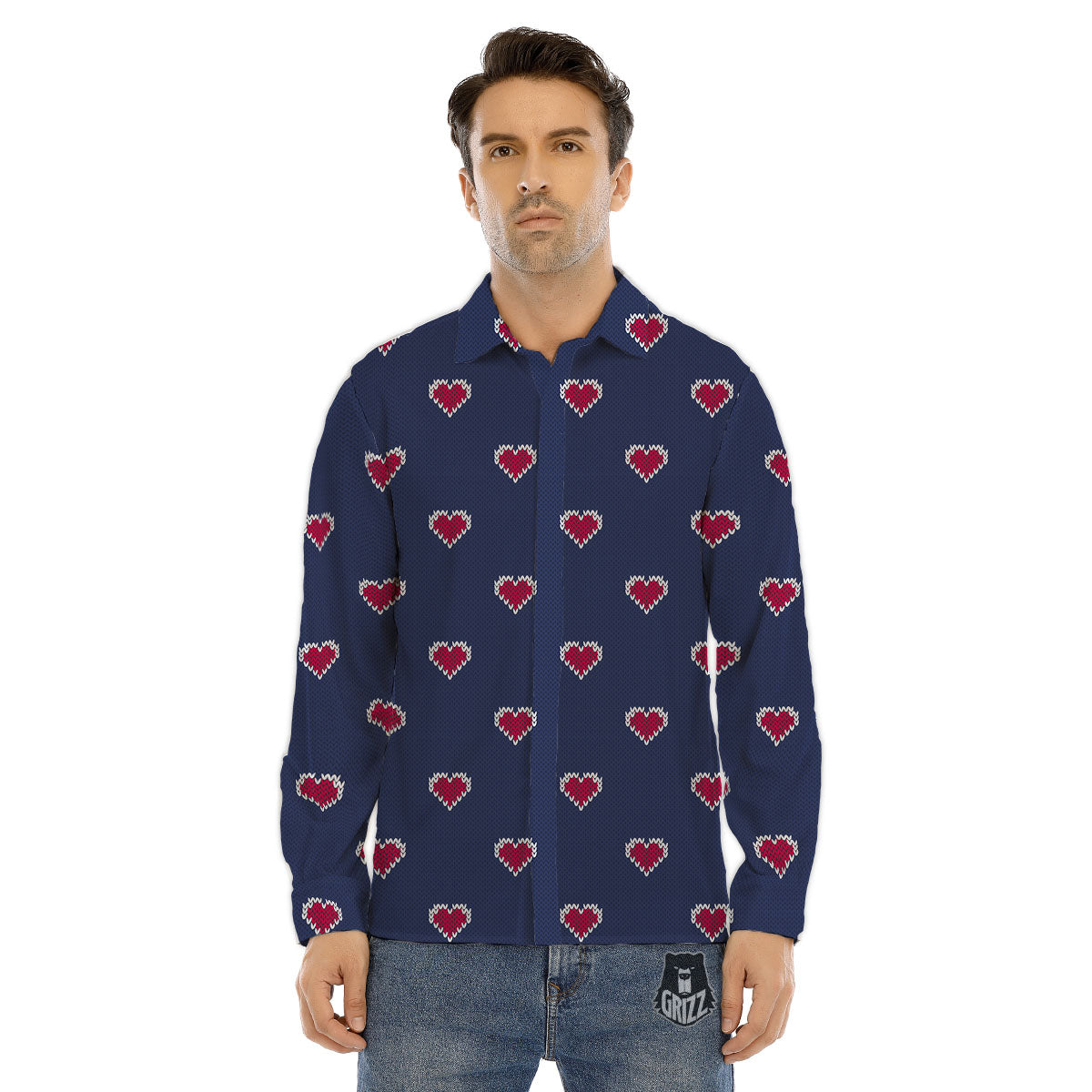 Knitted Heart Print Pattern Men's Dress Shirts-grizzshop