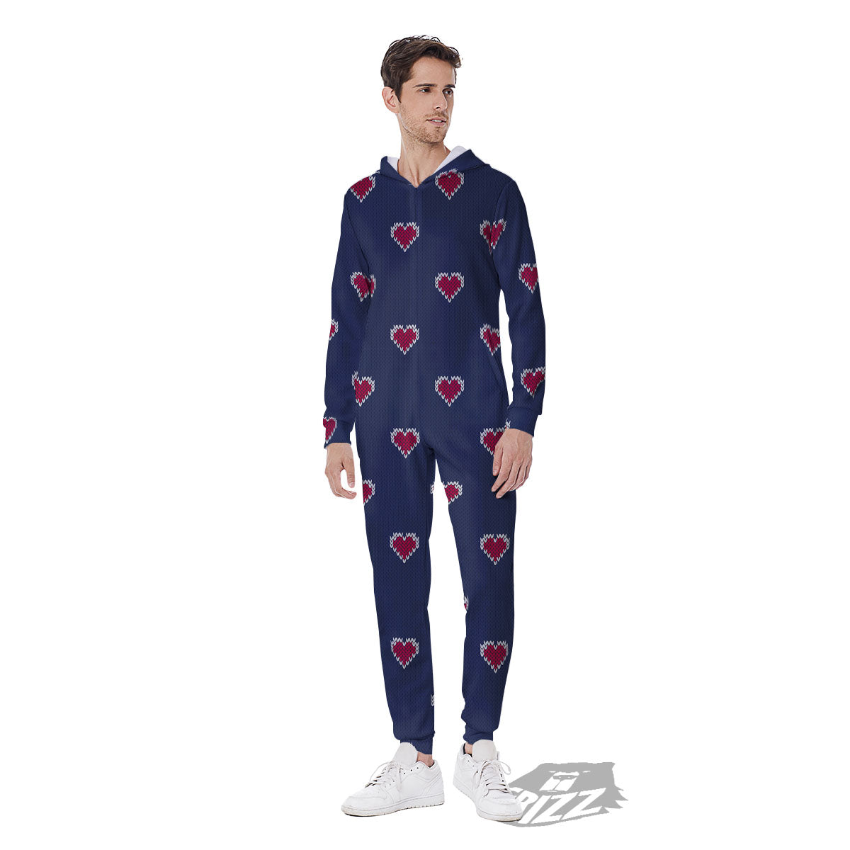 Knitted Heart Print Pattern Men's Jumpsuit-grizzshop