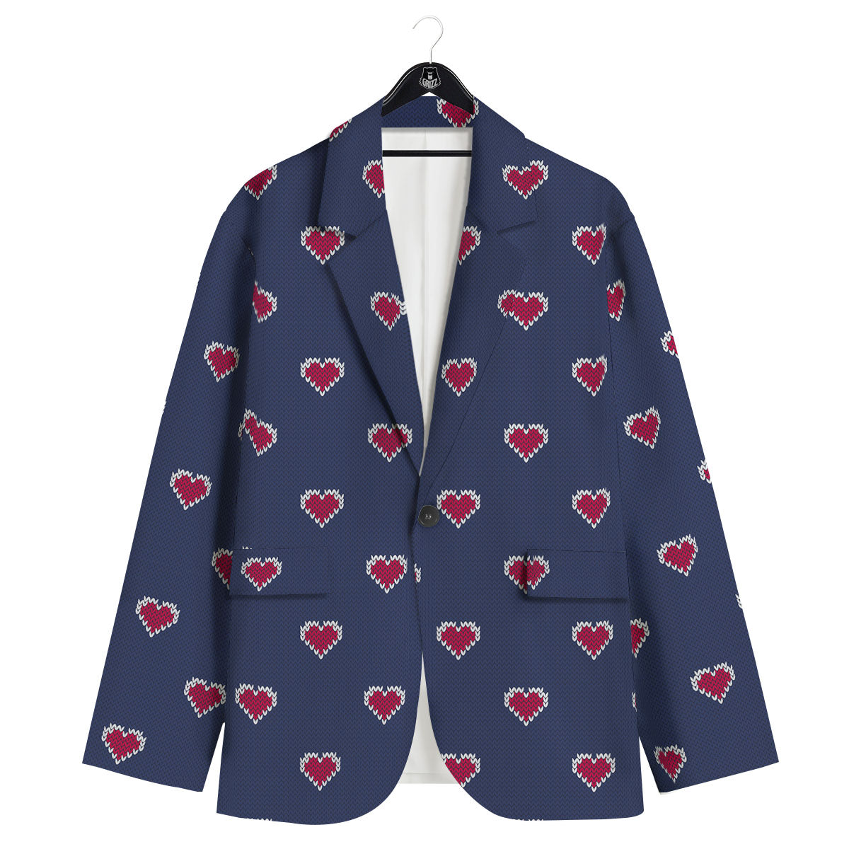 Knitted Heart Print Pattern Men's Sport Coat-grizzshop