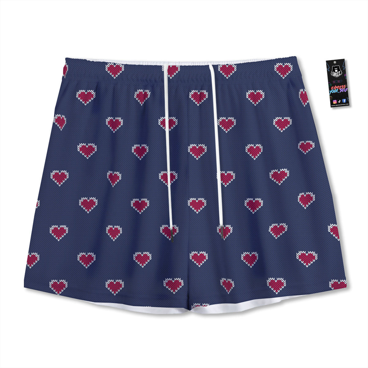 Knitted Heart Print Pattern Mesh Shorts