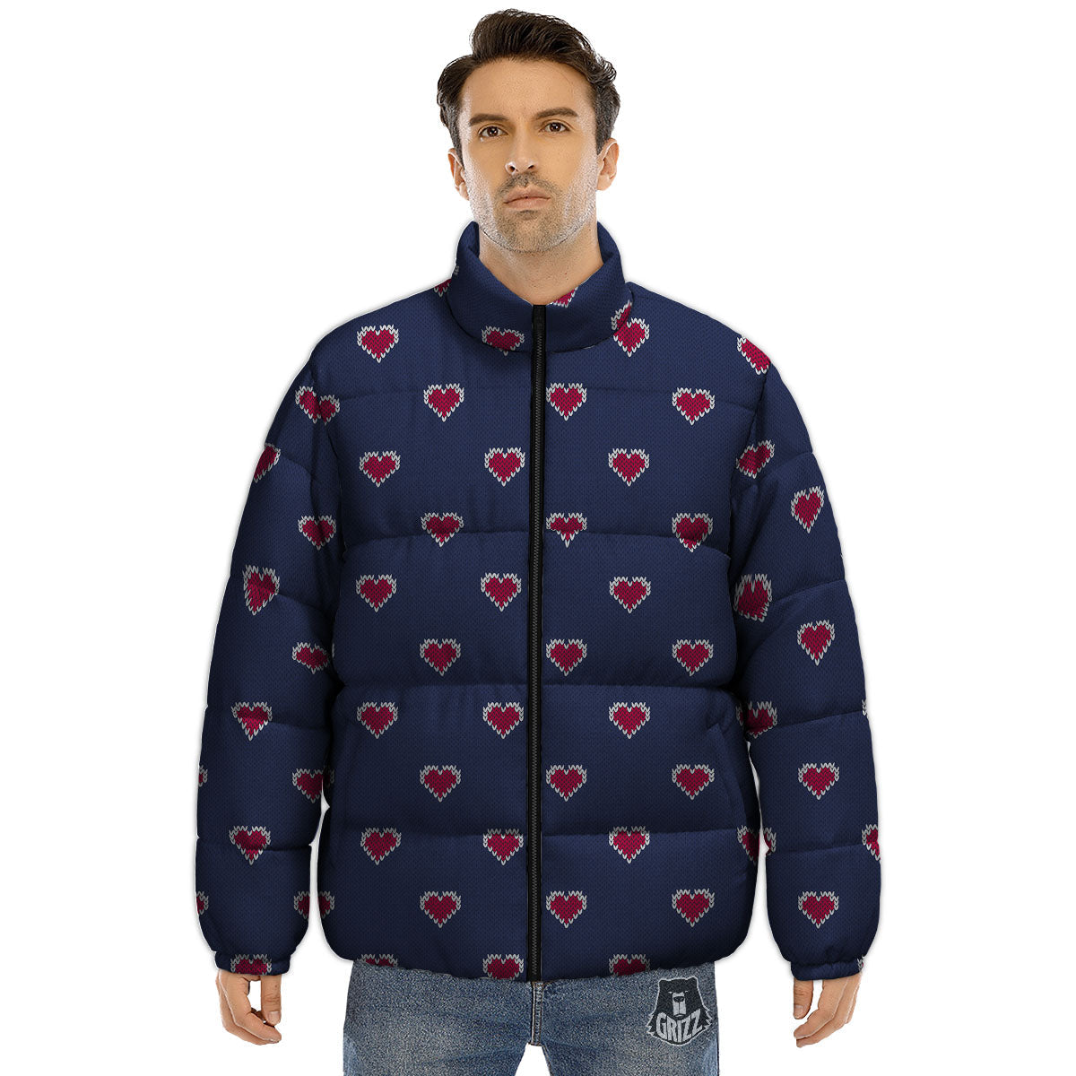 Knitted Heart Print Pattern Puffer Jacket-grizzshop