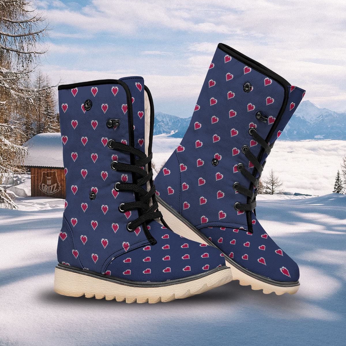 Knitted Heart Print Pattern Snow Boots-grizzshop