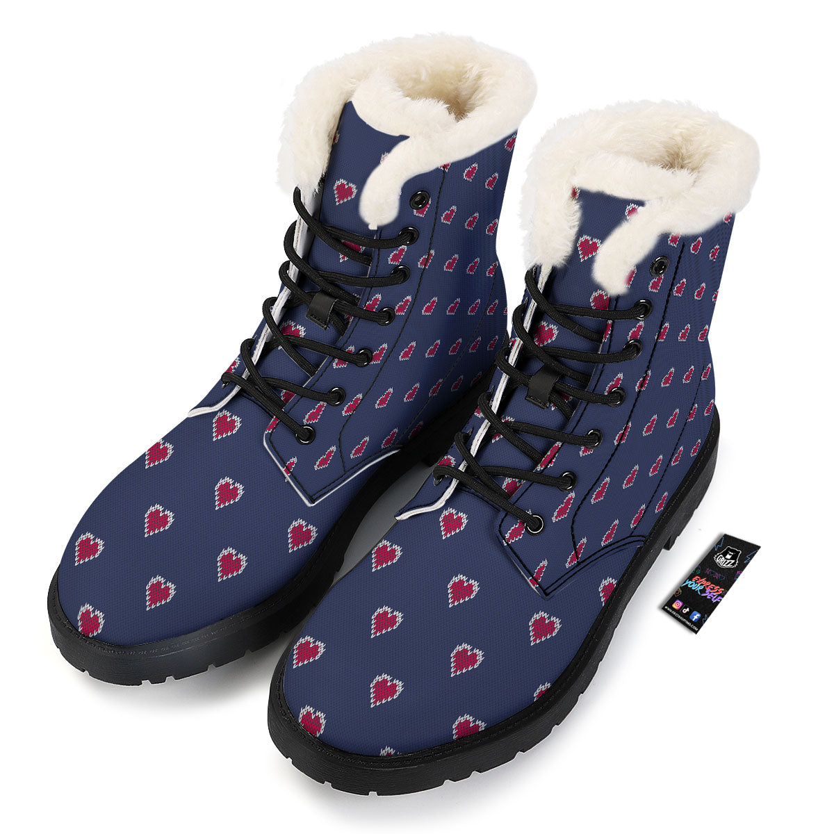Knitted Heart Print Pattern Winter Boots-grizzshop