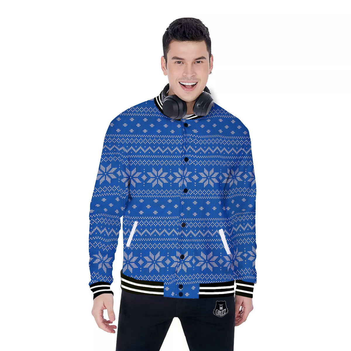 Knitted Holiday Winter Print Pattern Baseball Jacket-grizzshop