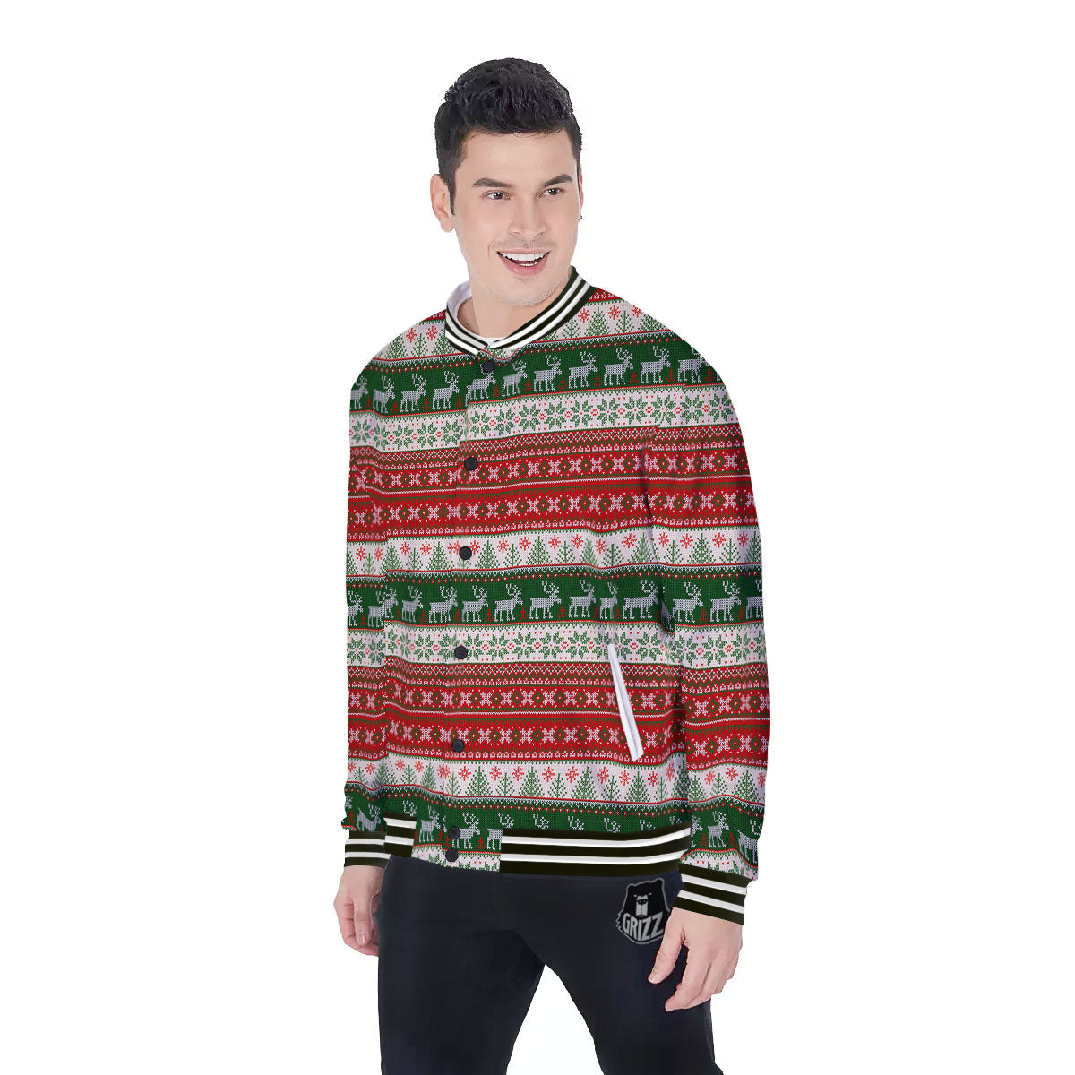 Knitted Merry Christmas Print Pattern Baseball Jacket-grizzshop