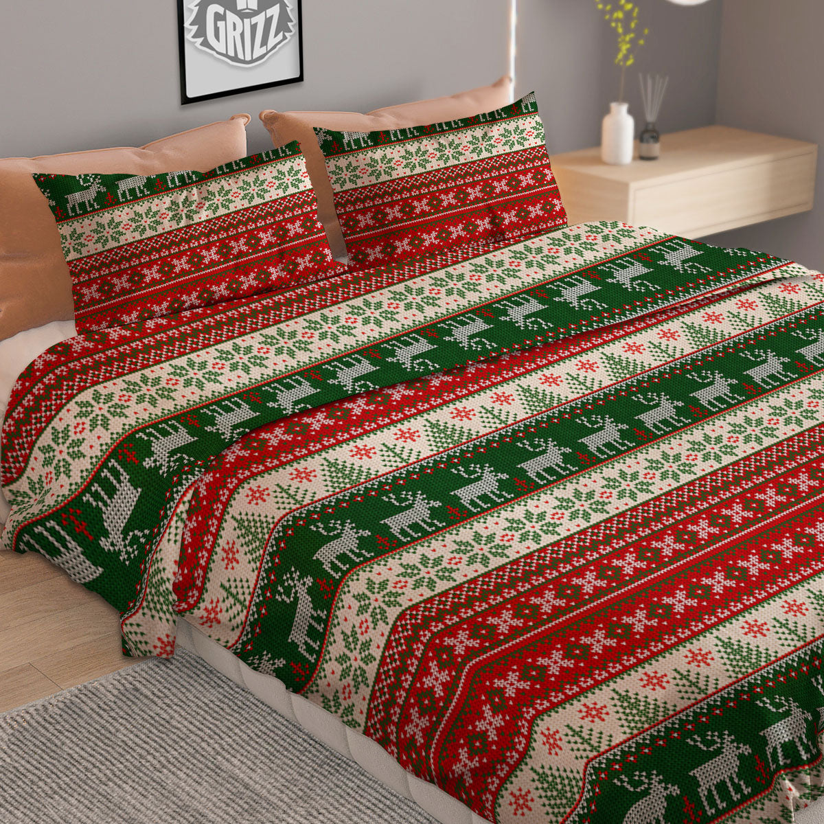Knitted Merry Christmas Print Pattern Duvet Cover Bedding Set