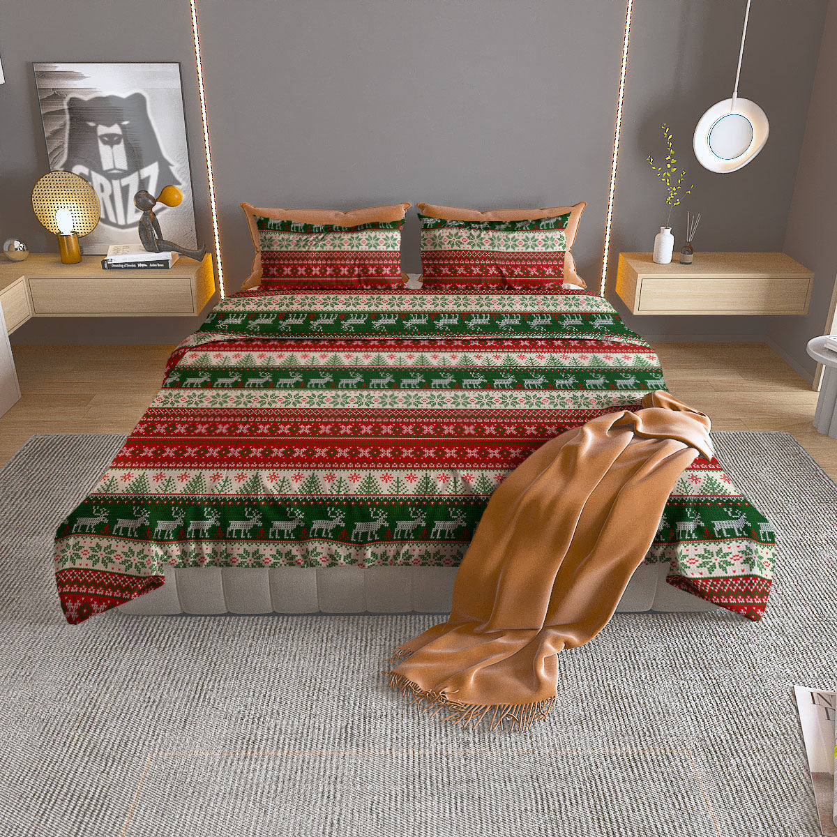 Knitted Merry Christmas Print Pattern Duvet Cover Bedding Set
