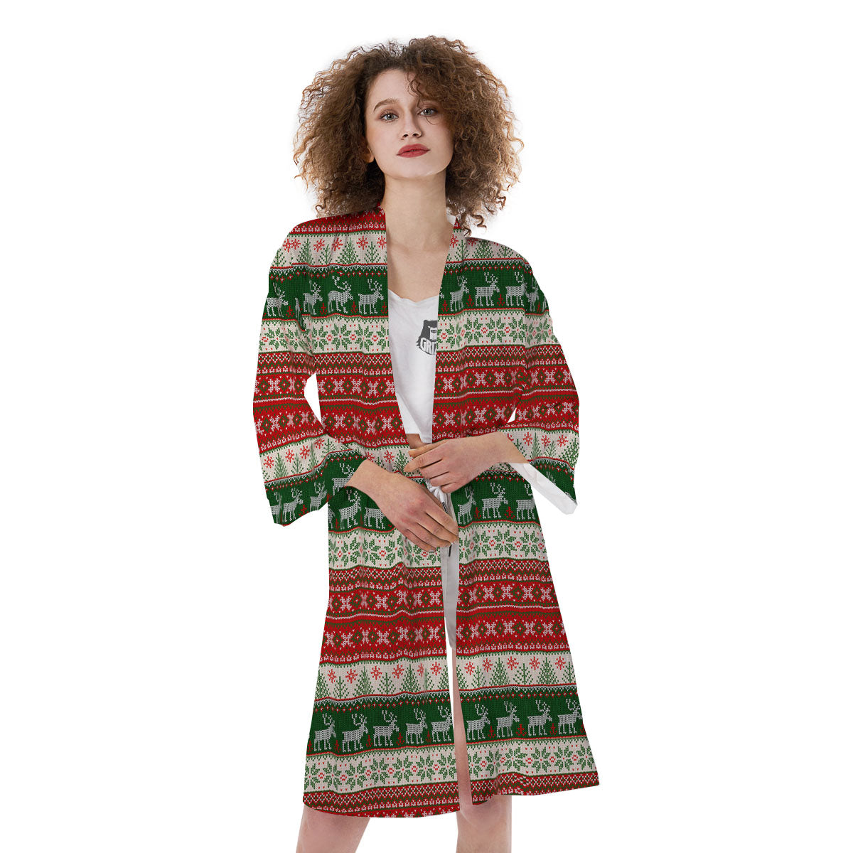 Knitted Merry Christmas Print Pattern Kimono-grizzshop