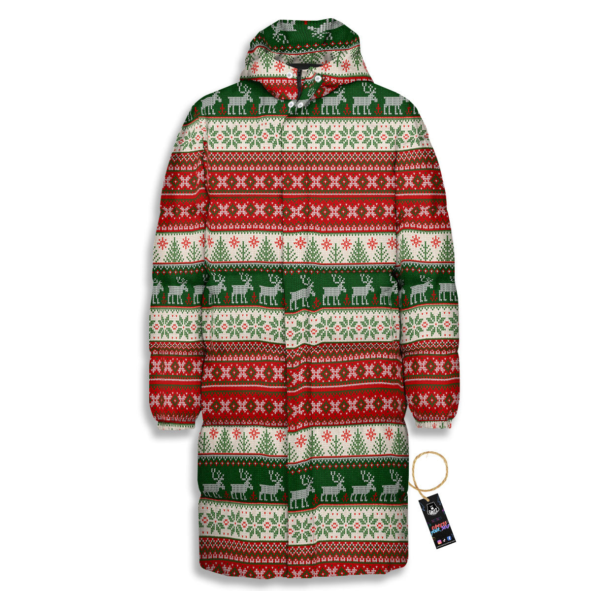 Knitted Merry Christmas Print Pattern Long Down Jacket-grizzshop