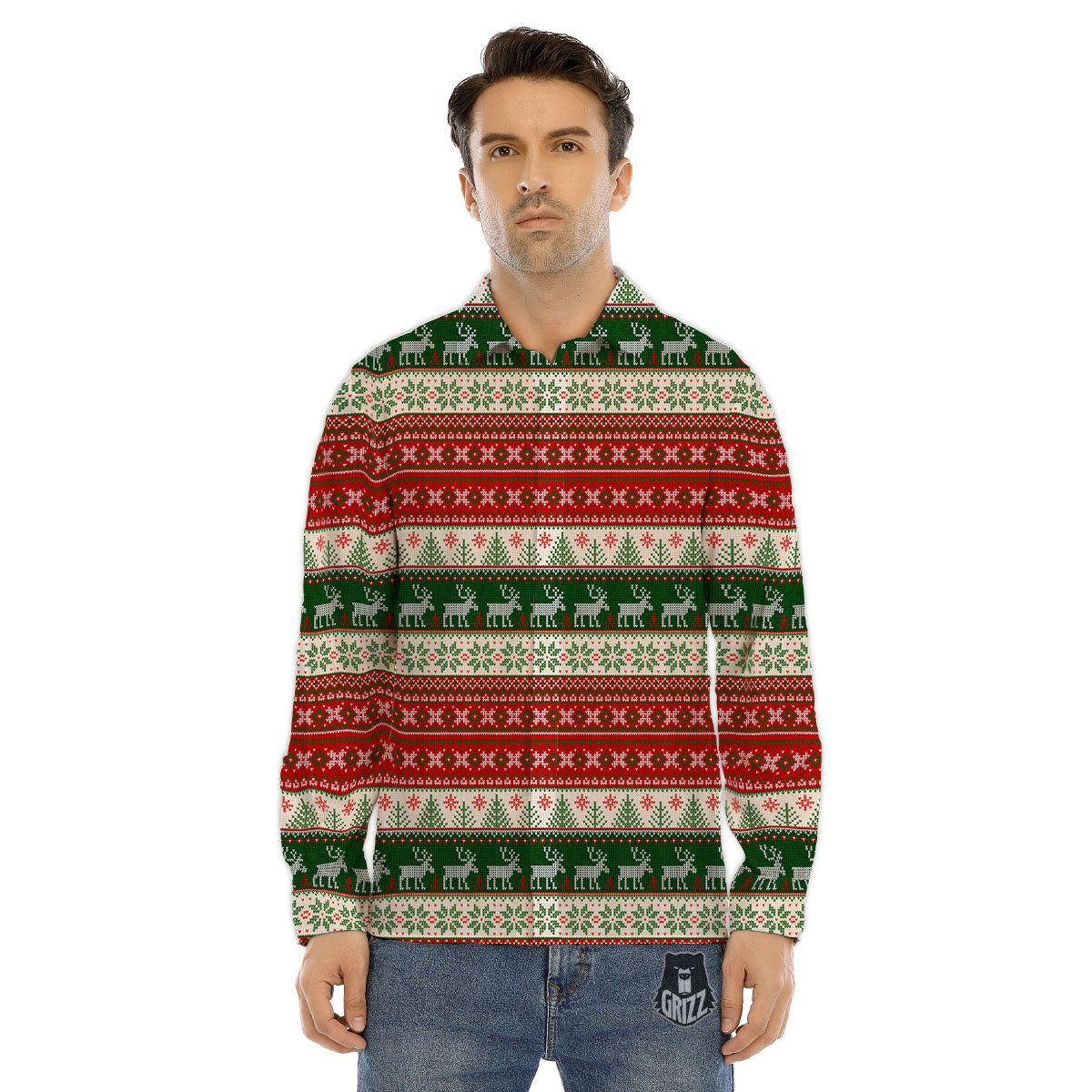 Knitted Merry Christmas Print Pattern Men's Dress Shirts-grizzshop