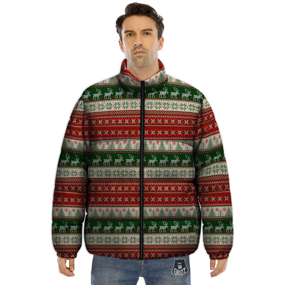 Knitted Merry Christmas Print Pattern Puffer Jacket-grizzshop