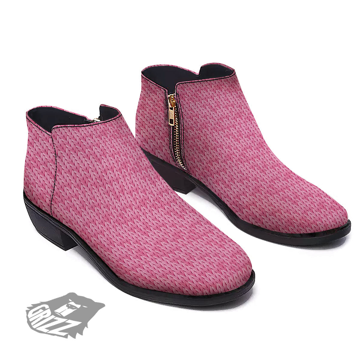 Knitted Pink Print Pattern Ankle Boots-grizzshop