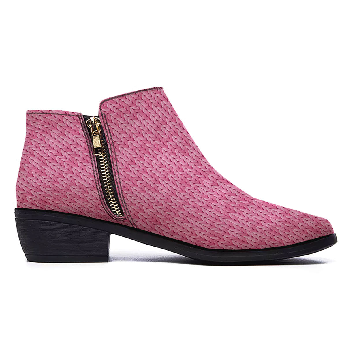 Knitted Pink Print Pattern Ankle Boots-grizzshop