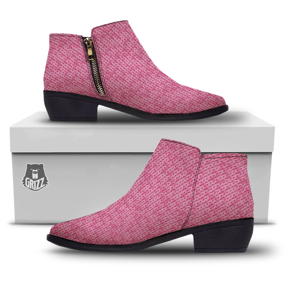 Knitted Pink Print Pattern Ankle Boots-grizzshop
