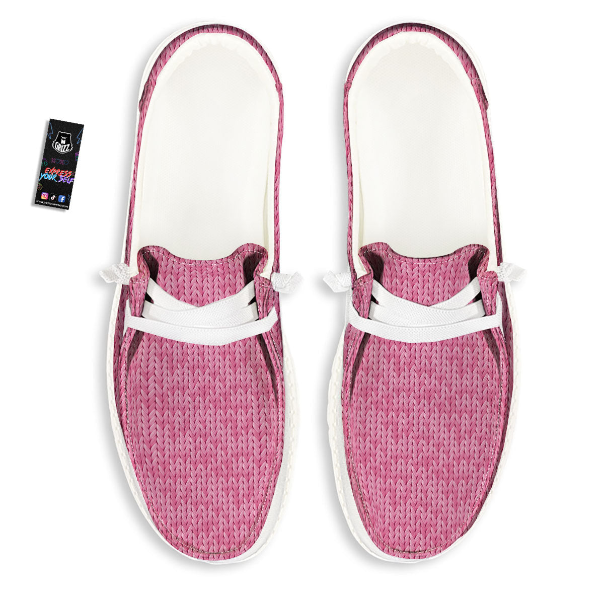 Knitted Pink Print Pattern Black Loafers-grizzshop