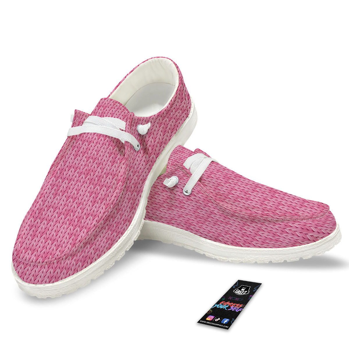 Knitted Pink Print Pattern Black Loafers-grizzshop