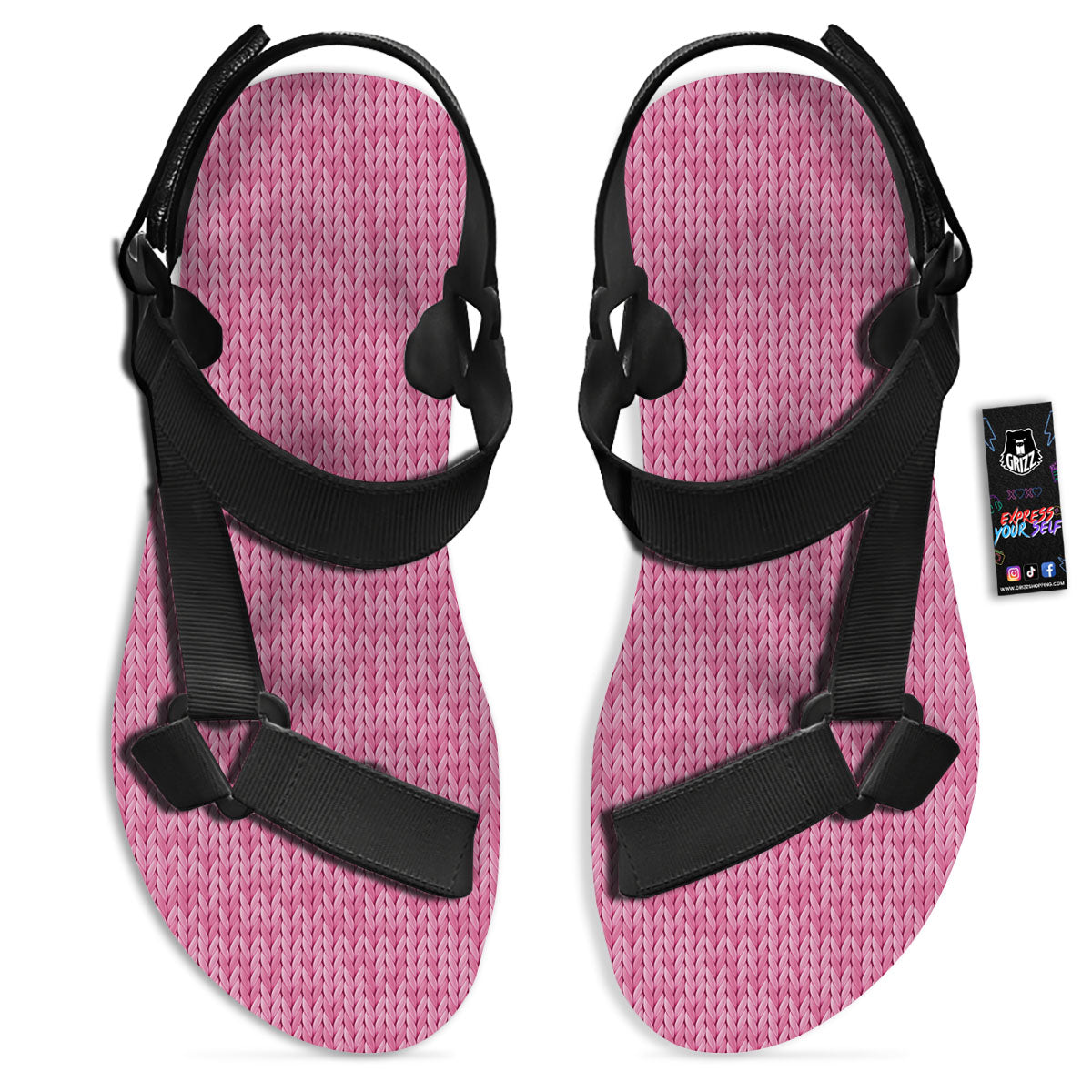 Knitted Pink Print Pattern Black Open Toe Sandals-grizzshop