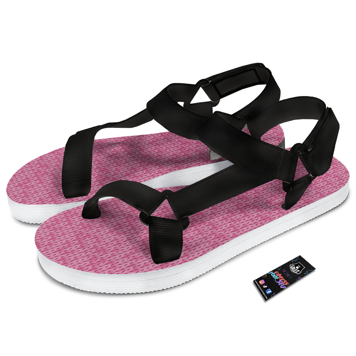 Knitted Pink Print Pattern Black Open Toe Sandals-grizzshop
