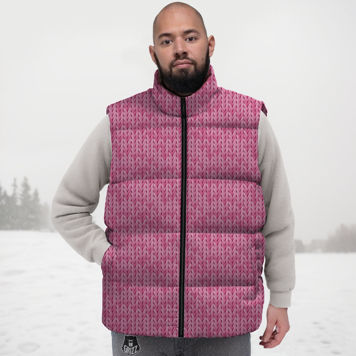 Knitted Pink Print Pattern Down Vest