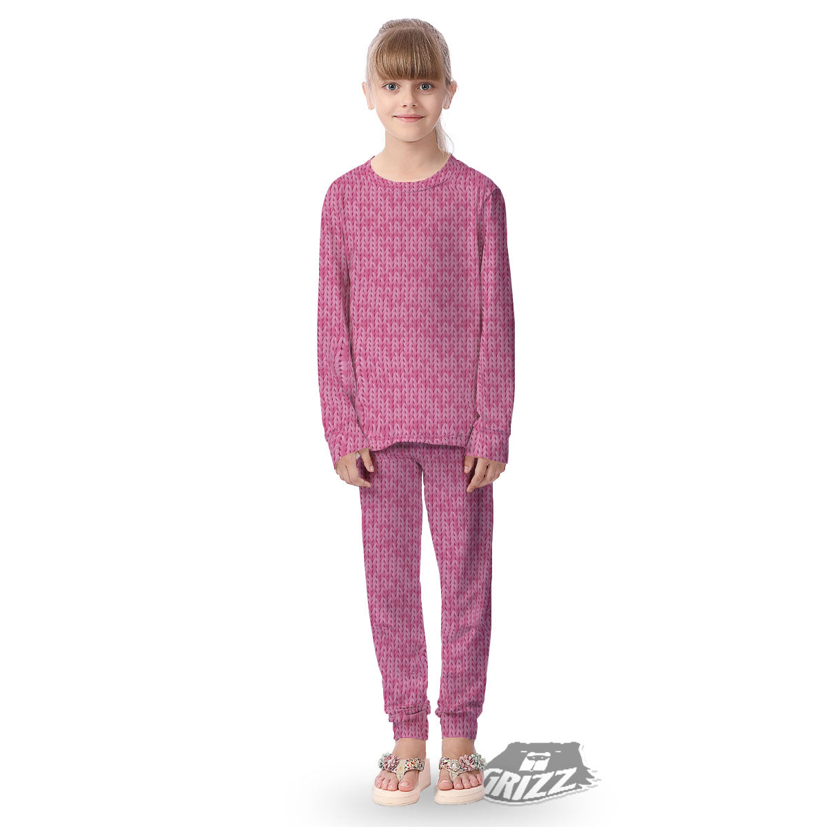 Knitted Pink Print Pattern Kid's Pajamas-grizzshop