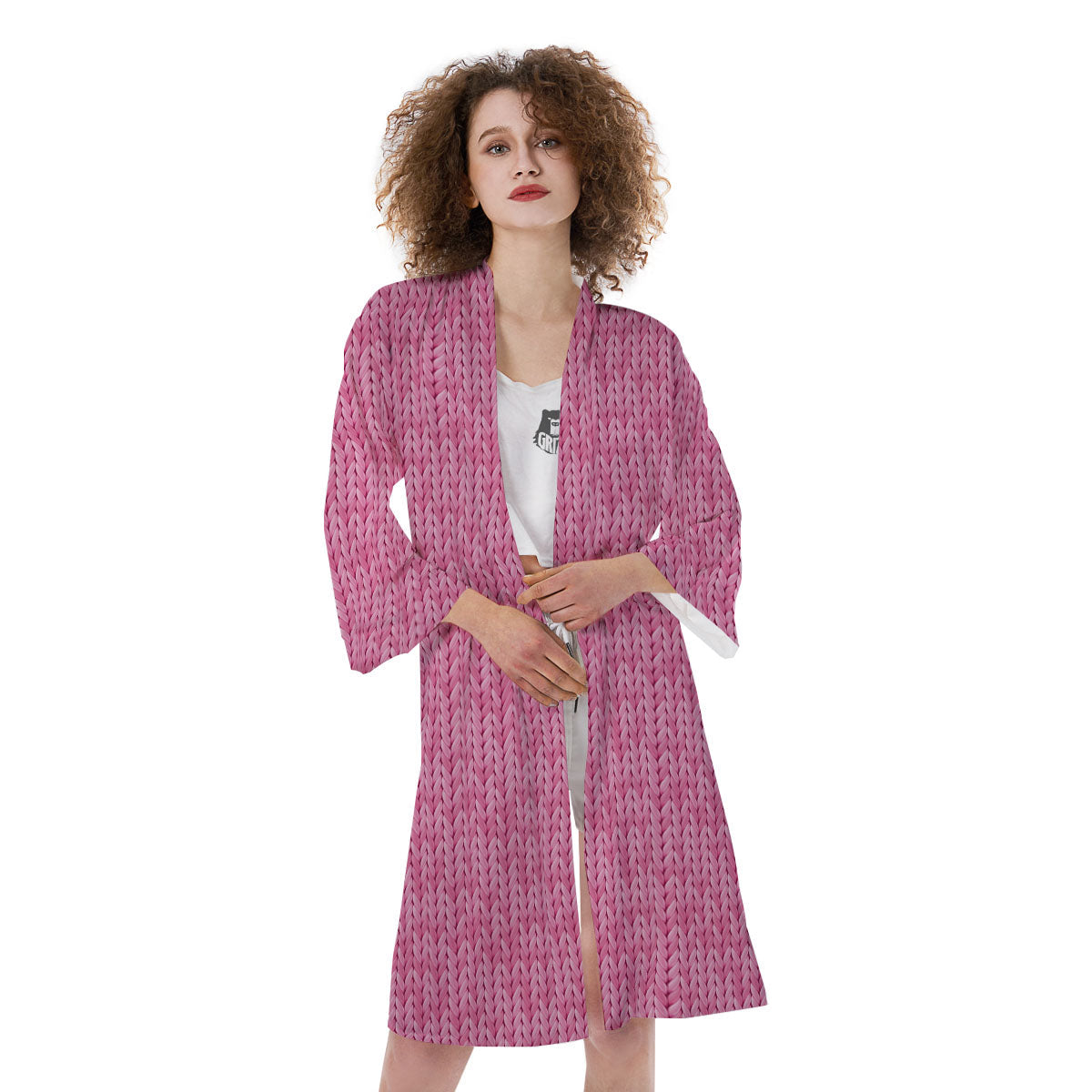 Knitted Pink Print Pattern Kimono-grizzshop