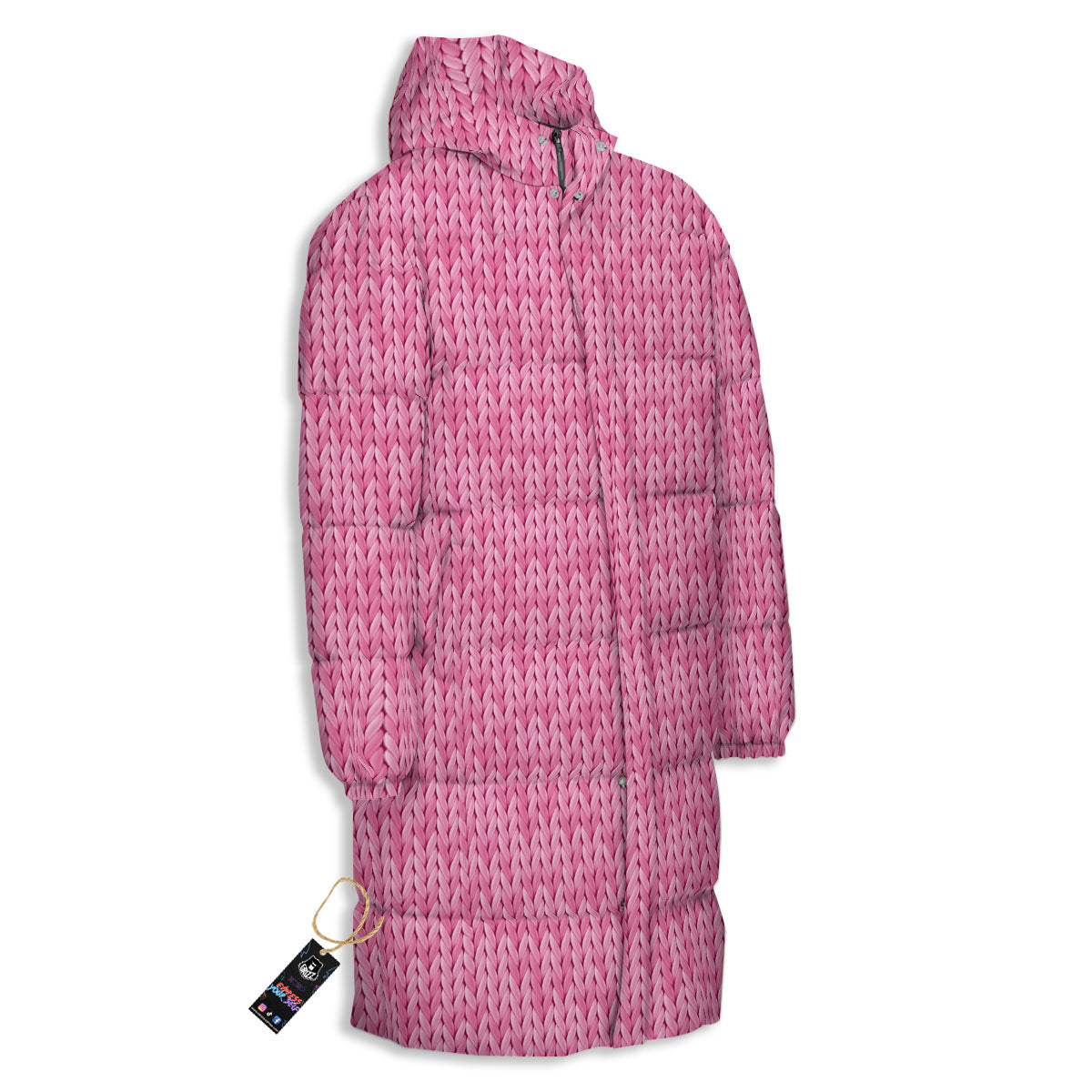 Knitted Pink Print Pattern Long Down Jacket-grizzshop