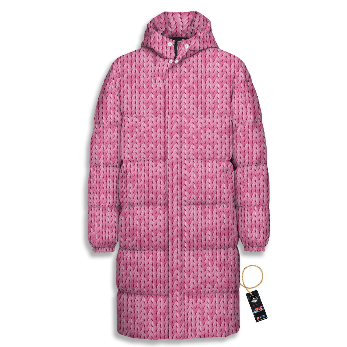 Knitted Pink Print Pattern Long Down Jacket-grizzshop