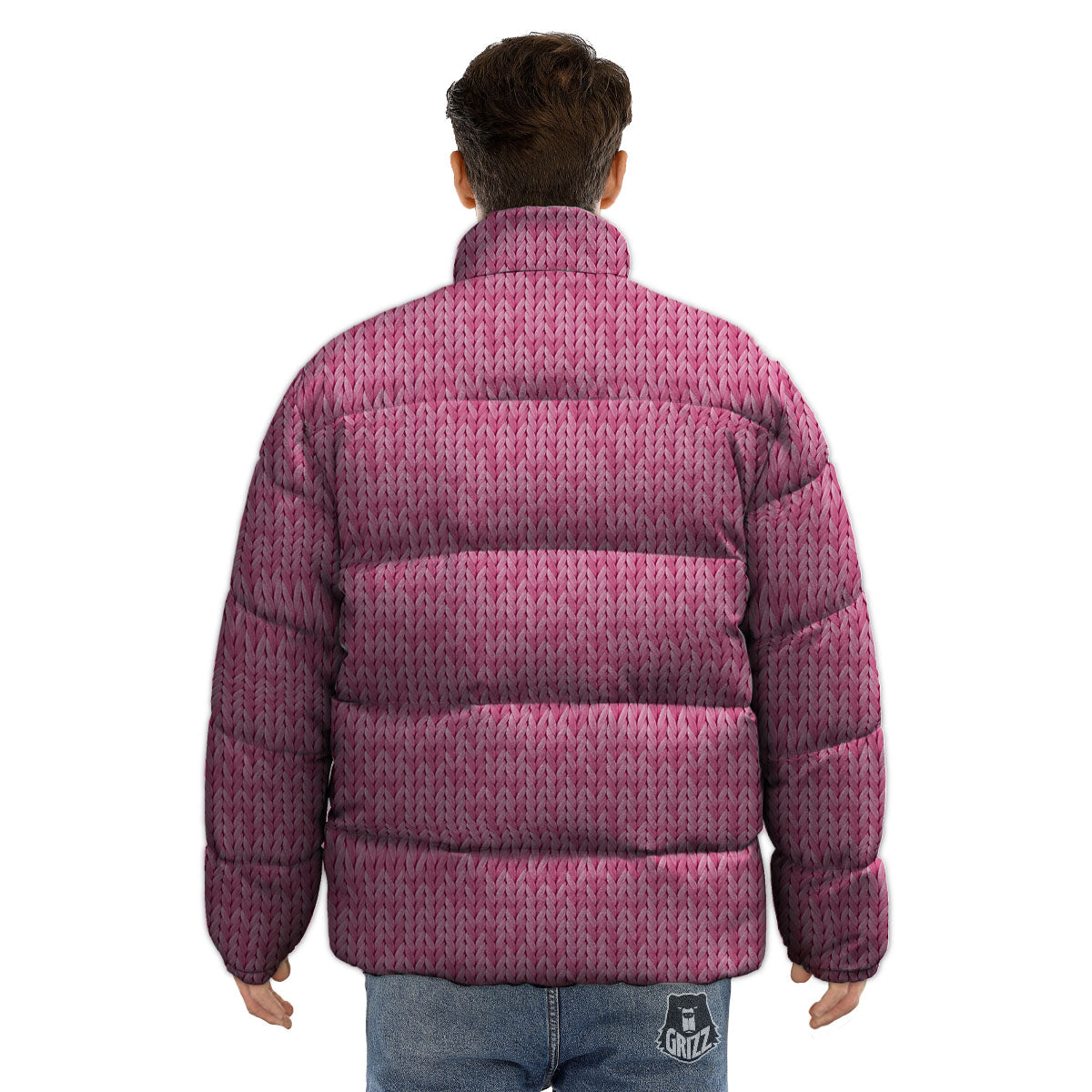Knitted Pink Print Pattern Puffer Jacket-grizzshop