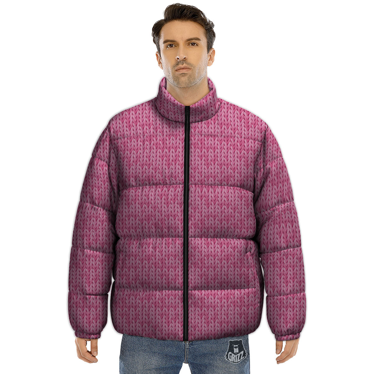 Knitted Pink Print Pattern Puffer Jacket-grizzshop