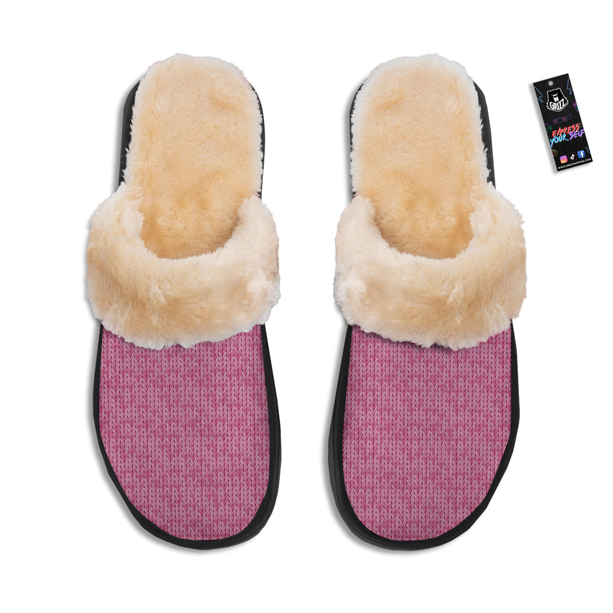 Knitted Pink Print Pattern Slippers-grizzshop
