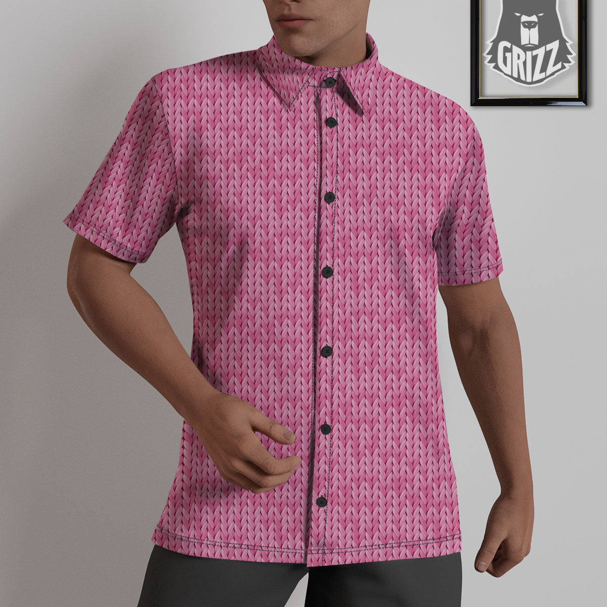 Knitted Pink Print Pattern Untucked Shirts-grizzshop