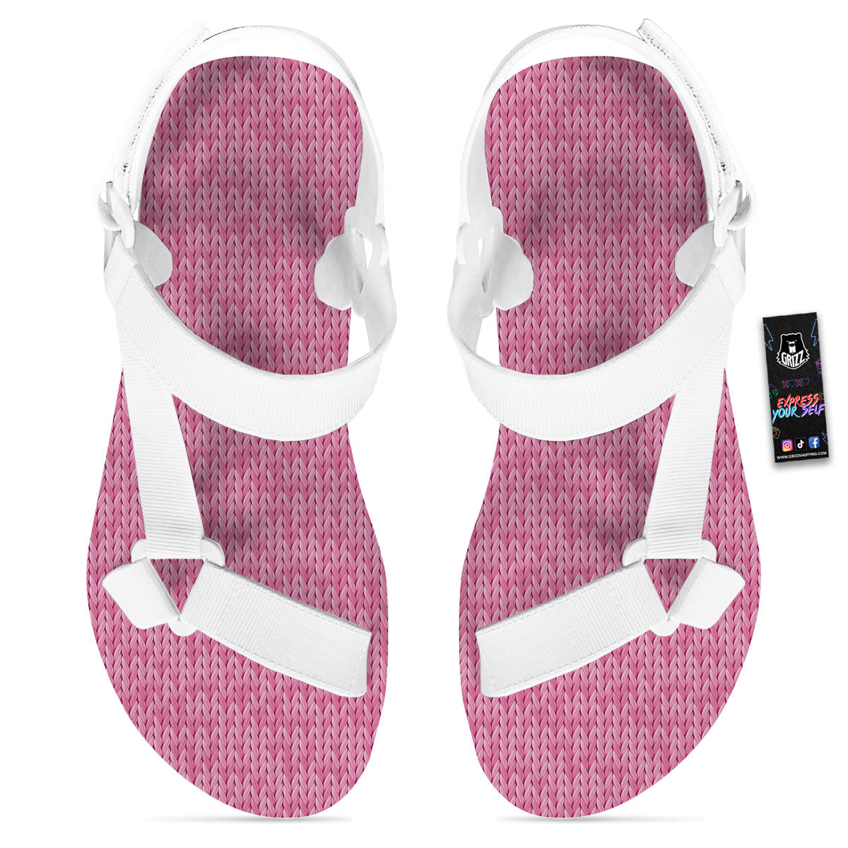 Knitted Pink Print Pattern White Open Toe Sandals-grizzshop