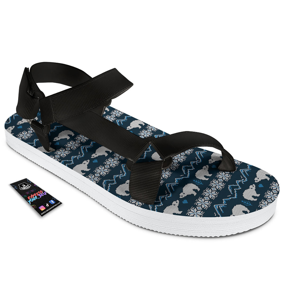 Knitted Polar Bear Print Pattern Black Open Toe Sandals-grizzshop